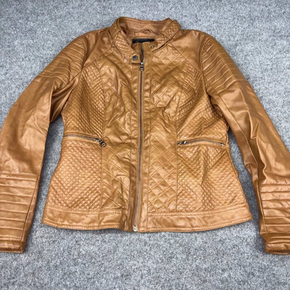 Cavalini Faux Leather Moto Jacket Womens Large Tan Brown Quilted Biker Zip Coat